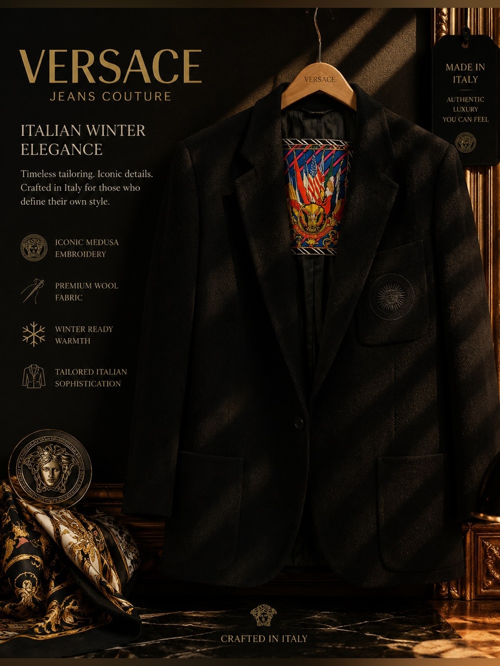 Versace Black Men's Blazer with Signature Lining